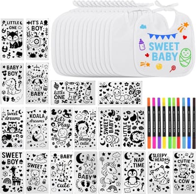 Dailygoods- Slabbetjes set van 15 - Slabbetjes om te beschilderen - Katoenen slabbetjes - Inclusief 12 textielstiften - 20 sjablonen - 22×18 cm afmetingen - Babyslab