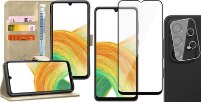 Hoesje geschikt voor Samsung Galaxy A33 - Book Case Kunstleer Wallet Cover Portemonnee Pasjeshouder Hoes Goud - Full Tempered Glass Screenprotector - Camera Lens Protector