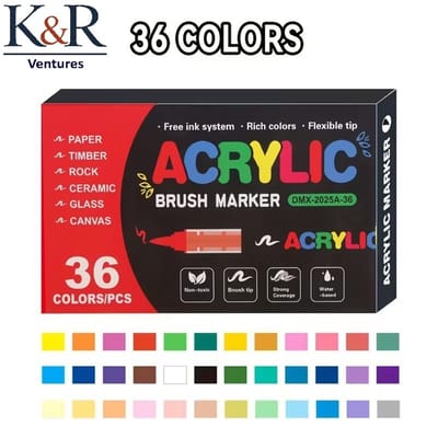 K&R Ventures® Acrylstiften - 36 Kleuren - Acryl Marker Stiften voor Glas, Hout, Steen, Keramiek, Stoffen & Canvas - Verfstiften op Waterbasis - Niet Giftig - Voor Volwassenen & Kinderen - Tekenset met Sterke Dekking - Guangna Brush markers