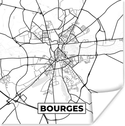 Poster Bourges - Frankrijk - Stadskaart - Plattegrond - Kaart - Zwart wit - 100x100 cm XXL