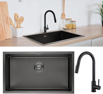 CECIPA max 40x45 Spoelbak Keuken - Met keukenkraan met uittrekbare uitloop - Onderbouwspoelbak in 304 RVS - Geborstelde Keuken Gootsteen - Spoelbak Met Waterafvoersysteem - Antraciet