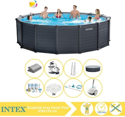 Intex Graphite Gray Panel Zwembad - Opzetzwembad - 478x124 cm - Inclusief Onderhoudspakket, Filterbollen, Onderhoudsset en Zwembad Stofzuiger