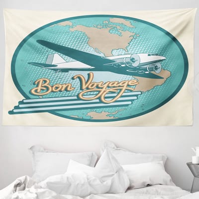 ABAKUHAUS Luchthaven Wandtapijt, Abstracte Vintage Bon Voyage Tekst en Retro Vliegtuig op Wereldbol, 230 x 140 cm, Ivoor Cadetblauw