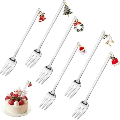 Kerstvorken, dessertvorken van roestvrij staal met kersthangers, tafelvorken set met geschenkdoos,Kerstmis,6 stuks (zilver)