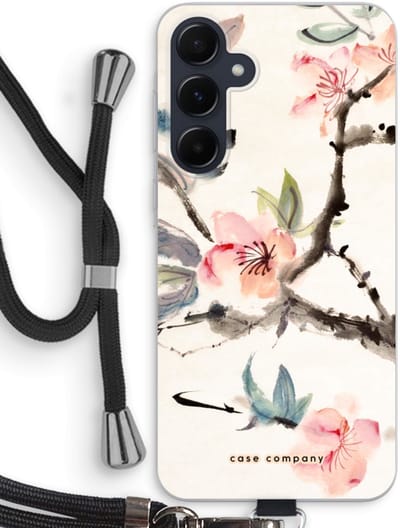 Case Company® - Hoesje met koord geschikt voor Samsung Galaxy A55 hoesje met Koord - Japanse bloemen - Telefoonhoesje met Zwart Koord - Bescherming aan alle Kanten en Over de Schermrand