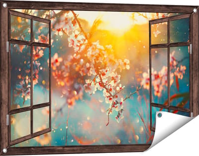 Gards Tuinposter Doorkijk Bloesemboom tijdens Zonsondergang - Bloem - 90x60 cm - Tuindoek - Tuindecoratie - Wanddecoratie buiten - Tuinschilderij