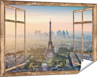 Gards Tuinposter Doorkijk Skyline van Parijs met de Eiffeltoren - 120x80 cm - Tuindoek - Tuindecoratie - Wanddecoratie buiten - Tuinschilderij
