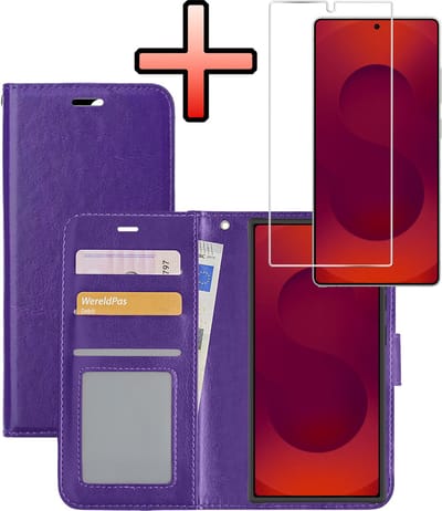 Hoesje - Met Screenprotector - Geschikt voor Samsung Galaxy S25 Ultra - Luxe Pasjeshouder - Bookcase Portemonee - Flip Case - Kunstleer Book Case - Flipcase - Book Cover - Walletcase - Portemonneehoes - Paars