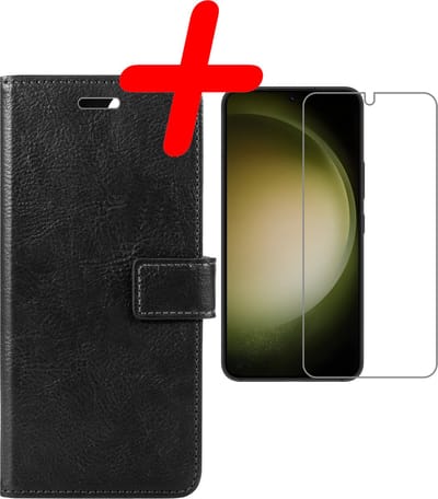 Hoesje Met Screenprotector - Geschikt voor Samsung Galaxy S23 - Luxe Pasjeshouder - Bookcase Portemonee - Flip Case - Kunstleer Book Case - Flipcase - Book Cover - Walletcase - Portemonneehoes - Zwart