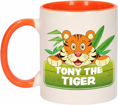 Koffie mok - Tony the Tiger tijgerprint - oranje wit - 300 ml - keramiek - kinder mok