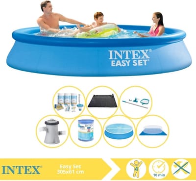Intex Rond Opblaasbaar Easy Set Zwembad - 305 x 61 cm - Blauw - Inclusief Pomp - Solarzeil - Onderhoudspakket - Filter - Grondzeil - Schoonmaakset - Solar Mat - 8-delig