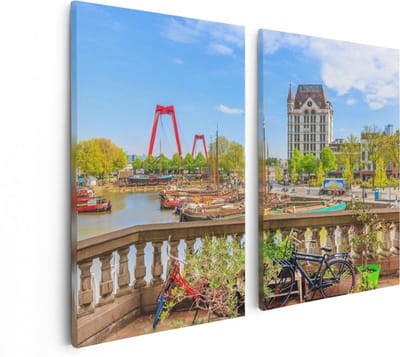 Artaza Canvas Schilderij Tweeluik Kleurrijke Oude Haven In Rotterdam - 80x60 - Foto Op Canvas - Canvas Print