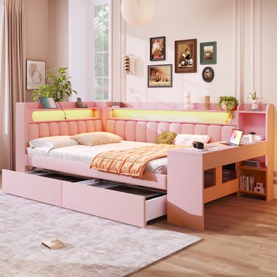 FloraGrace Bedbank 140x200 cm - Met USB Aansluiting en LED Verlichting - Met Bureau en 2 Lades - Zonder Matras - Stof - Roze