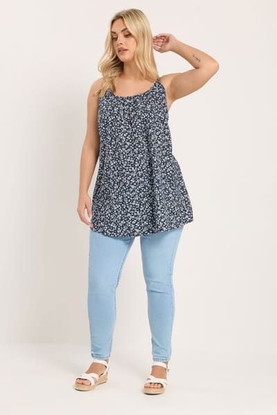 Yours Marineblauwe Top Met Bloemenprint Size 42