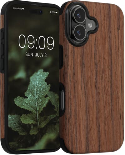 kwmobile hoesje geschikt voor Apple iPhone 17 - Back cover voor smartphone - Telefoonhoesje van hout in bruin - Houtnerven design