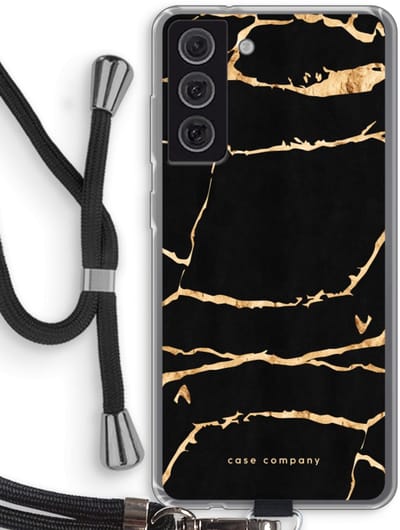 Case Company® - Hoesje met koord geschikt voor Samsung Galaxy S21 FE hoesje met Koord - Gouden marmer - Telefoonhoesje met Zwart Koord - Bescherming aan alle Kanten en Over de Schermrand