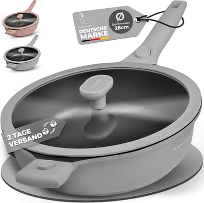 Hapjespan met Deksel - Koekenpan Bakpan - Snel Koken - Afneembare Handgreep - 28 cm - Grijs