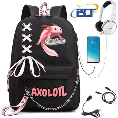 Schattige Axolotl bedrukte studentenschooltas voor meisjes zwarte rugzak usb kindertas casual tas terug naar school cadeau