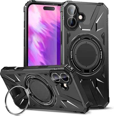 Casemania Hoesje Geschikt voor Apple iPhone 16 - Zwart - Compatibel met MagSafe - Armor Back Cover met Kickstand