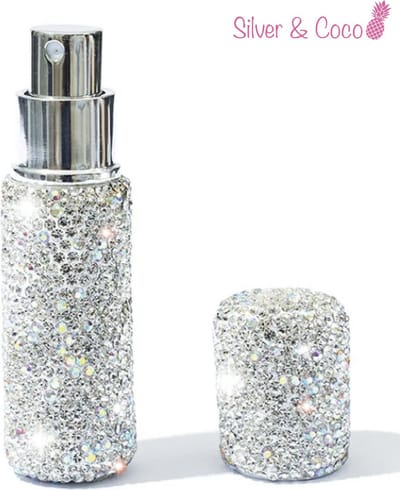 SilverAndCoco® - Glitter Parfum Verstuiver Navulbaar Fles | Klein Mini Hervulbaar Spray Zilveren Glamour Flesje | Sinterklaas Schoen Kerst Cadeautje - 5ml / Zilver Diamantjes Steentjes
