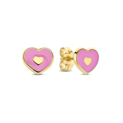 New Bling 9NBG-1058 – Gouden Oorbellen Dames – Oorknopjes Hart Roze – 14K Goud – 6,3 mm – Cadeau voor Vrouwen