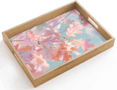 Dienblad hout 40x30 cm - Schootdienblad - Eikenbladeren - Takken - Roze - Borrelplank rechthoek - Plateau dienbladen