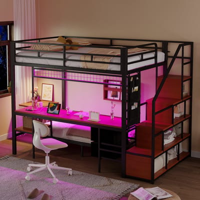 Sweiko Stapelbed - 140×200 cm & 90×200 cm - Met bureau - LED-verlichting - Oplaadpunt - 2 lades - Metalen frame - Zwart