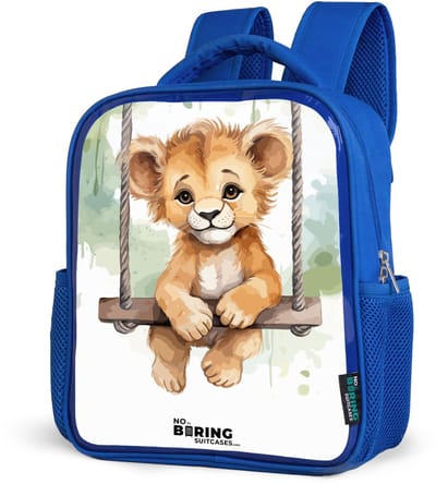 NoBoringSuitcases.com® - Rugzak blauw - Schooltas jongens - Leeuwenwelpje met schommel illustratie - Kinder rugtas jongen - Boekentas kind - Kinderrugzak voor school - Schoolrugzak