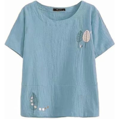 Katoenen T-shirt Zomer Literair Korte Mouwen Dames Geborduurd Grote Maat Stiksels All-match Top XXXL gray