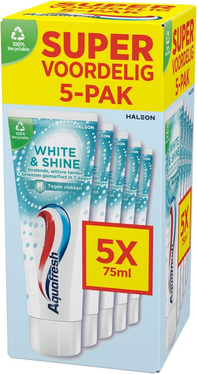 Aquafresh White & Shine - Tandpasta - Whitening - Langdurig Frisse Adem - Sterke Tanden & Gezond Tandvlees - Glanseffect in 7 Dagen - Bevat Fluoride - Frisse Smaak - Voordeelverpakking 5 x 75ml