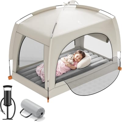 Opblaasbaar Reisbed - Kinder Luchtbed - Veilig Slapen - Met Geïntegreerde Tent - 133 cm Lengte - Khaki Grijs