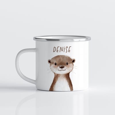 Creasowl® Otter Gepersonaliseerde Emaille Mok met Naam Kind – Bosdieren Mok 350ml – Kinder Campingmok met Vos, Beer & Bosdieren