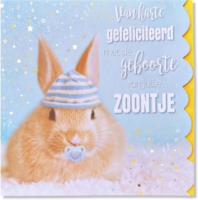 Van Harte Gefeliciteerd met de geboorte van jullie Zoontje Wenskaart - 13x13cm - Luxe Gevouwen vierkante kaart met gekleurde envelop