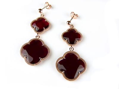 model double Fiori groot oorringen in zilver roze verguld bordeaux klavers