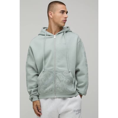 Oversized Hoodie Met Zip En Geflockeerde Mouwen | Forest | Size XS