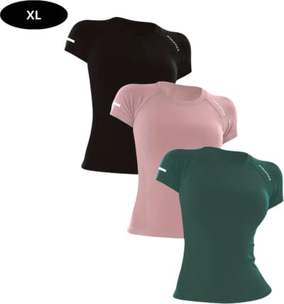 Livano Sportshirt Dames - Sport - Fitness - Compressie Shirt - Corrigerend Hemd - Sportkleding - Vrouwen - 3 Stuks - Zwart + Donkerblauw + Lichtblauw - XL