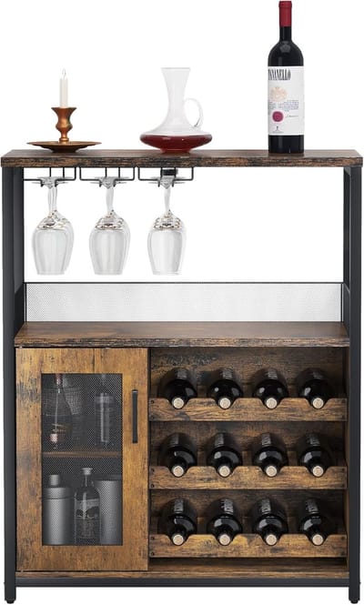 Moderne 3-laags wijnbar kast – afneembaar wijnrek, glasophang, gaasdeur en veel opbergruimte – drankdressoir voor thuis, keuken, eetkamer en woonkamer