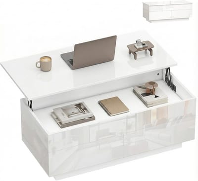 Salontafel - Woonkamertafel - Werken en eten - Verstelbaar tafelblad - 102 x 48 cm - Hoogglans wit