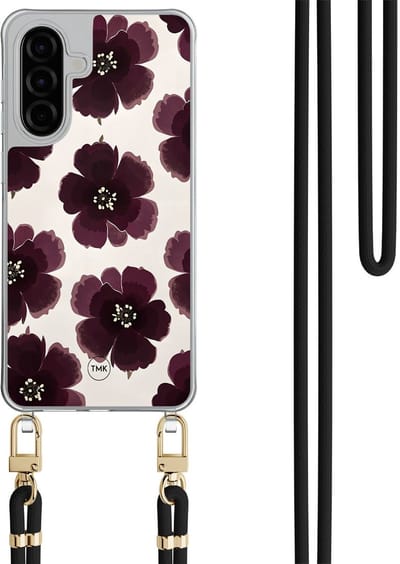 Telefoonhoesje met koord geschikt voor Samsung A26 - Burgundy flowers - Inclusief Zwart koord - Transparant, Paars - Bloemen - Crossbody beschermhoes - Met Telefoonketting