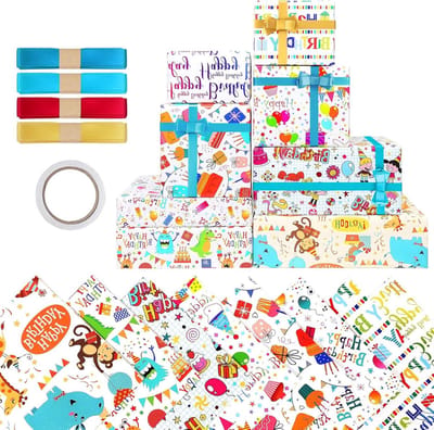 Dailygoods- Cadeaupapier Verjaardag - Cadeaupapier Kinderen - Dinosaurus Motief - Set van 8 Stuks - 50 x 70 cm - Inclusief Strik en Plakband - Verpakking