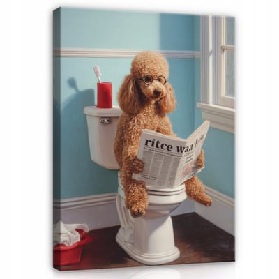 WALLARENA - Schilderij op canvas - 100x70 cm - grappige poedel op toilet met krant - badkamer en toilet decoratie