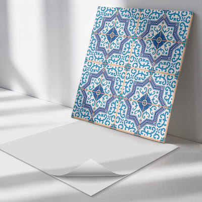 Wallfluent Vinyl Tegels - tegelpatroon met Ornamenten Wand PVC Tegels - 30 cm x 30 cm - Blauw Vinyl Tegels - 9 stuks - Vierkant PVC Tegels - Texturen Plaktegels - Vinyl Tegels Zelfklevend - Plaktegels Keuken en Badkamer
