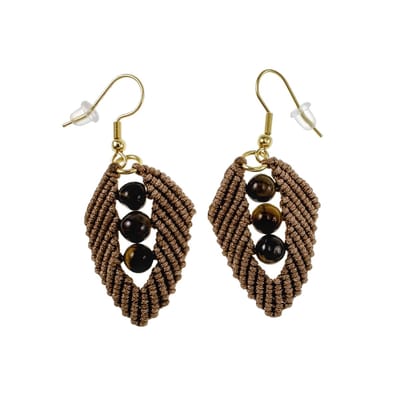 Bruin Micro-Macramé Blad Oorbellen met Tijgeroogstenen, Haakoorbellen, Lange Oorbellen Dames, Verguld RVS - Handgemaakt
