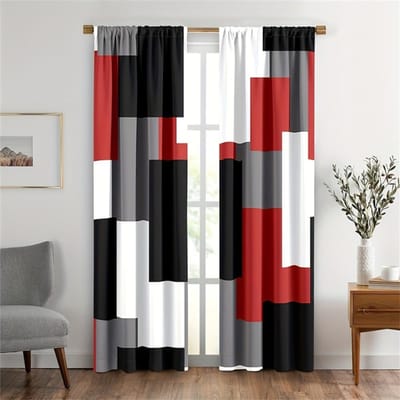 2 STUKS Abstracte geometrische Kunst rood zwart en Grijs Modern Design Lichtfilterende Gordijnen voor Woonkamer Slaapkamer Raam Draperie Decor 50W130H(CM) 2PCS&Grommet Top