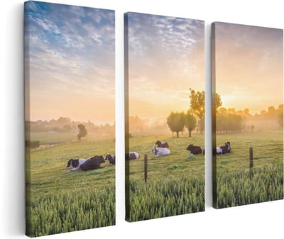 Artaza Canvas Schilderij Drieluik Koeien In De Wei Tijdens Zonsopgang - 120x80 cm - Wanddecoratie Woonkamer - Schilderijen - Muurdecoratie