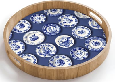 Dienblad rond 40x40 cm - Schootdienblad hout - Borden - Floraal - Blauw - Borrelplank rechthoek - Plateau houten dienbladen