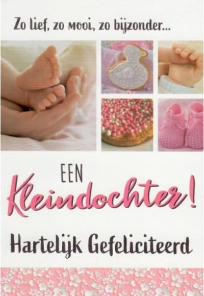 Een kleindochter! Hartelijk gefeliciteerd! Zo lief, zo mooi, zo bijzonder… Een grappige kaart met beschuit met muisjes, babysokjes babyhandjes en voetjes. Een dubbele wenskaart inclusief envelop en in folie verpakt.