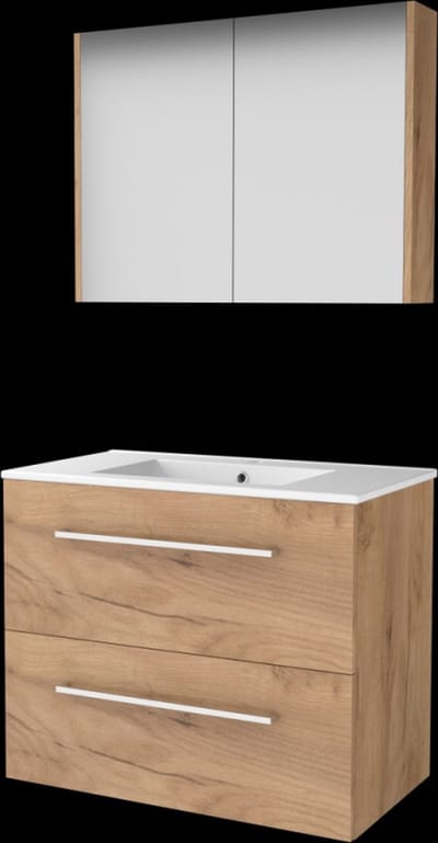 Basic Comfort 46 badmeubelset met spiegelkast, wastafelonderkast met grepen, 2 lades en porseleinen wastafel met 1 kraangat 80 x 46 cm, whisky oak