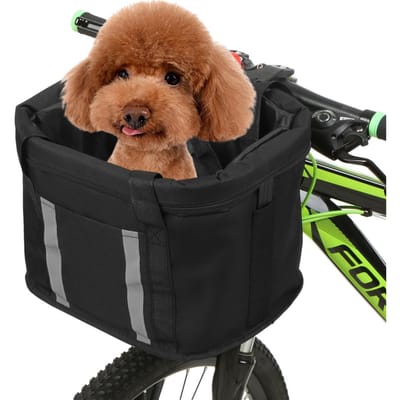 Panier de vélo pliant avec bandes réfléchissantes, guidon amovible, panier avant pour animaux de compagnie, chat, chien noir