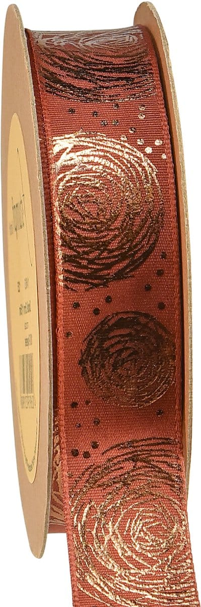 Cadeaulint met gouden rozen sierlint rood bruin 25mm 15m